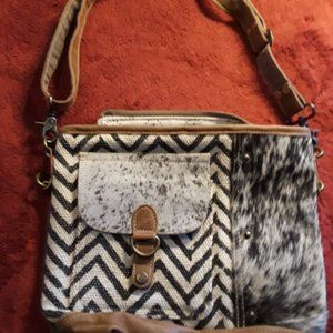 Myrna cowhide, canvas, leather and woven rug  bag